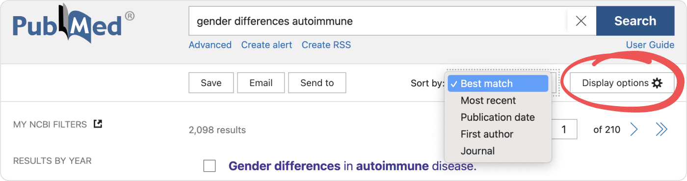 PubMed search results sorted